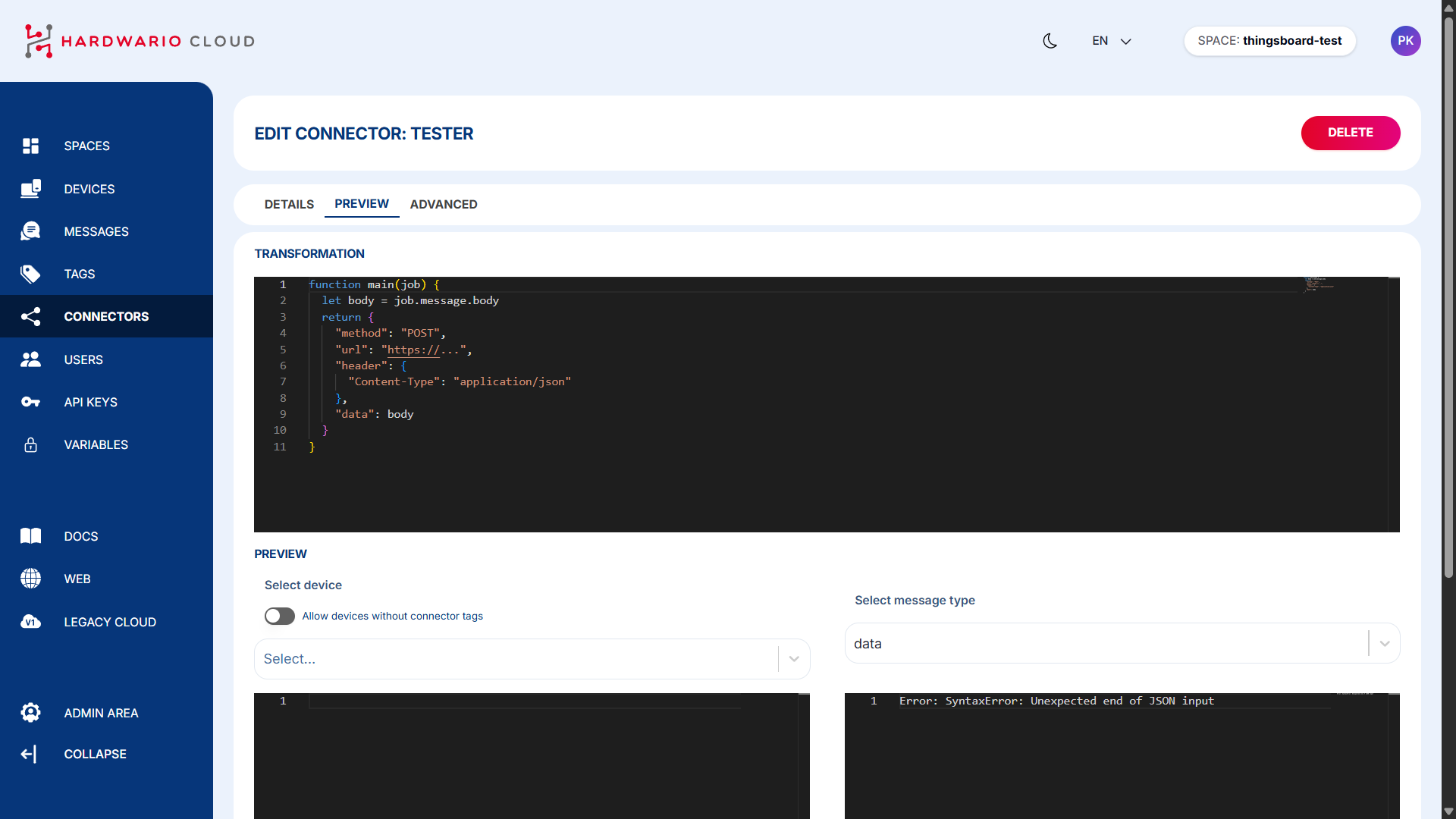 ThingsBoard - Insert the Transformation Code