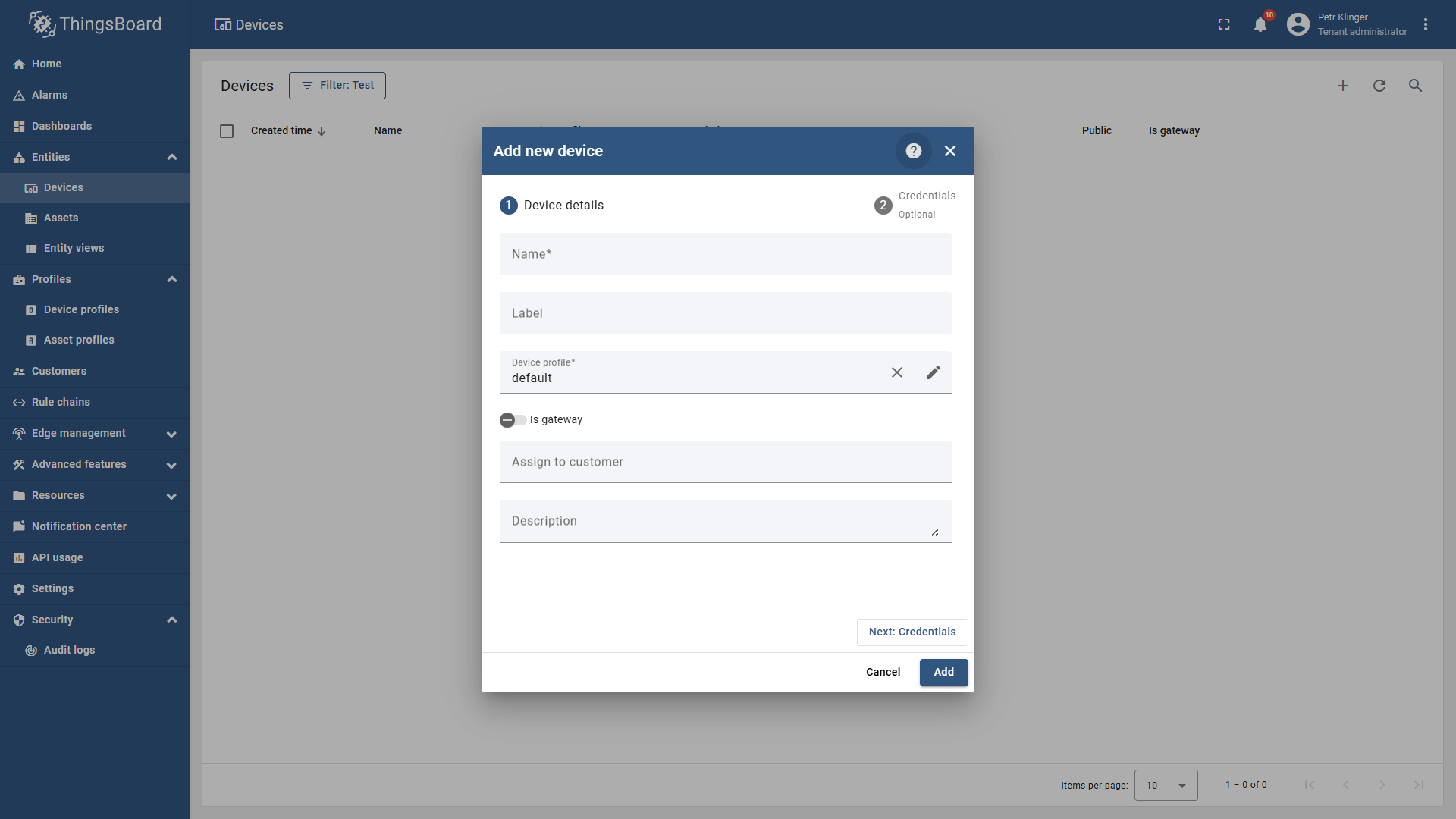 Thingsboard - Fill in Device Details