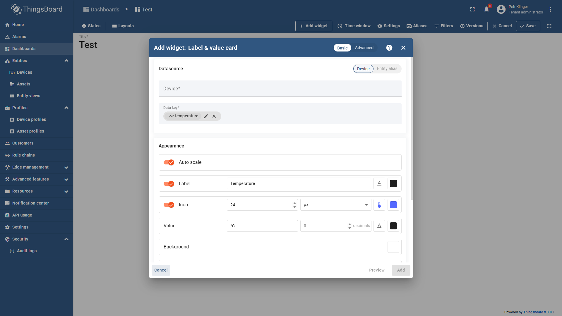 Widgets configuration window